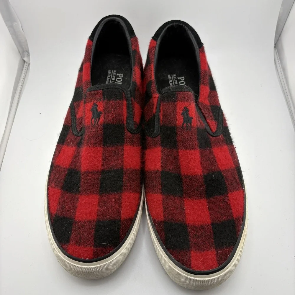 Polo Ralph Lauren Thompson Mens 12 Red Buffalo Check Plaid Slip On Sneakers